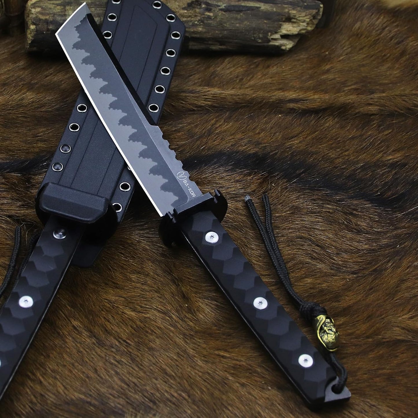 BA-KOR 15.8in Full Tang Japanese Style Outdoor Knife –8mm DC53 Steel, Nylon Fiber Handle &Sheath, Hunting Survival Knife+(5.9in) cerium igniter (Black handle and black blade (8mm))