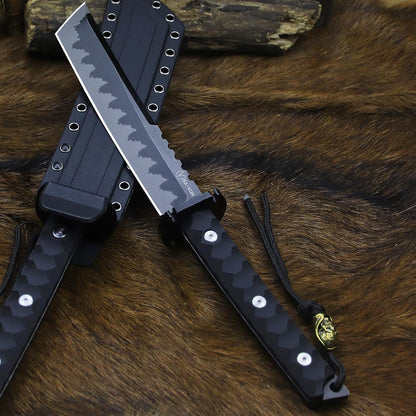 BA-KOR 15.8in Full Tang Japanese Style Outdoor Knife –8mm DC53 Steel, Nylon Fiber Handle &Sheath, Hunting Survival Knife+(5.9in) cerium igniter (Black handle and black blade (8mm))