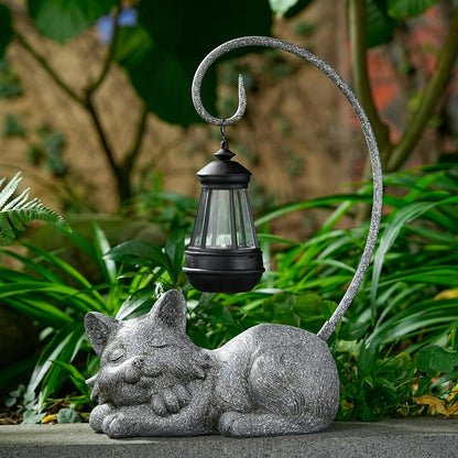 Outdoor Cat Figurine Garden Statue with Solar-Powered LED Light 13.77 Inches Tall Gift Garden Statue Decor for Cat Lovers Marbled