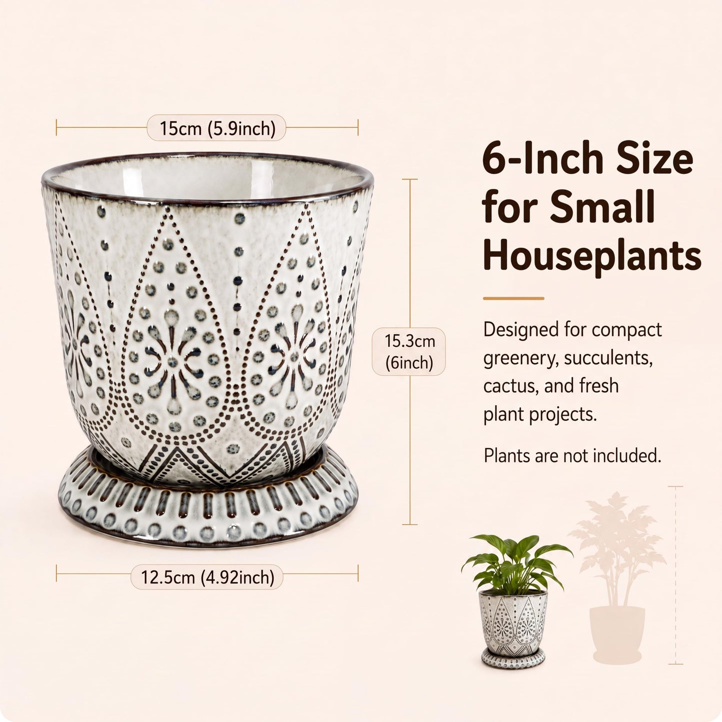 Gepege Ceramic Plant Pots, 6 Inch Indoor Planters with Drainage & Saucers