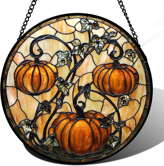 Stained Glass Window Hanging - Halloween Decoration Orange Pumpkin Vine Leaves Suncatcher for Door