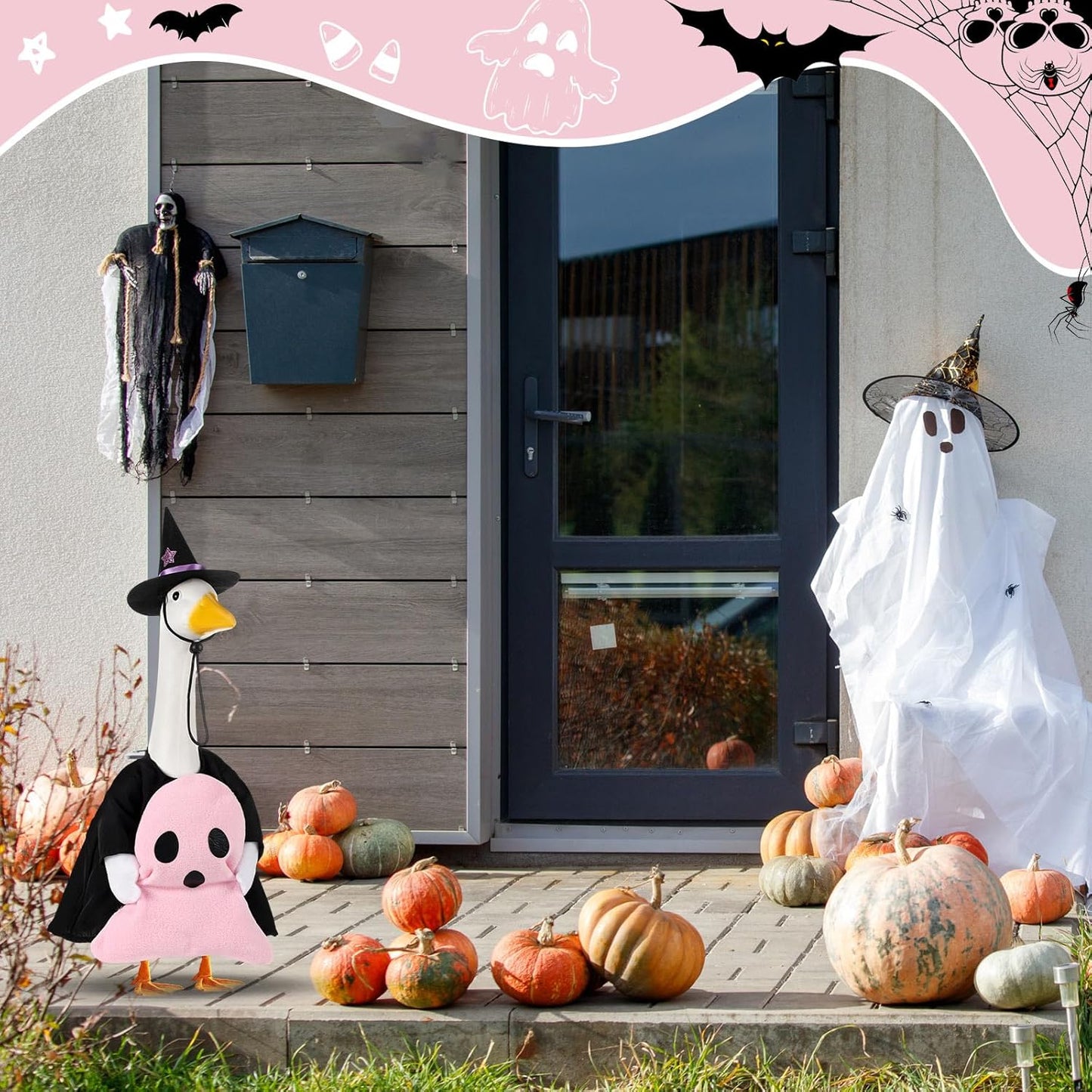 Sanwuta 1 Set Halloween Porch Goose Outfit Pink Ghost Pillow Design with Witch Hat for 23" Lawn Cement Goose Porch Geese Clothes Costume for Halloween Garden Patio Yard Outdoor Decorations