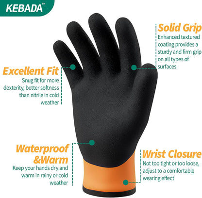 Kebada T2 Waterproof Work Gloves for Men and Women, Thermal Warm Winter Working Gloves, Insulated Freezer Gloves for Cold Weather, 100% Latex Coating, Wrist Closure, 2 Pairs, Orange, Large