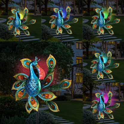 Solar Wind Spinner Outdoor Metal Kinetic Wind Spinners with LED Lighting Glass Ball Peacock Wind Spinner with Stake Decorative Windmill for Yard Lawn Garden Patio Decor