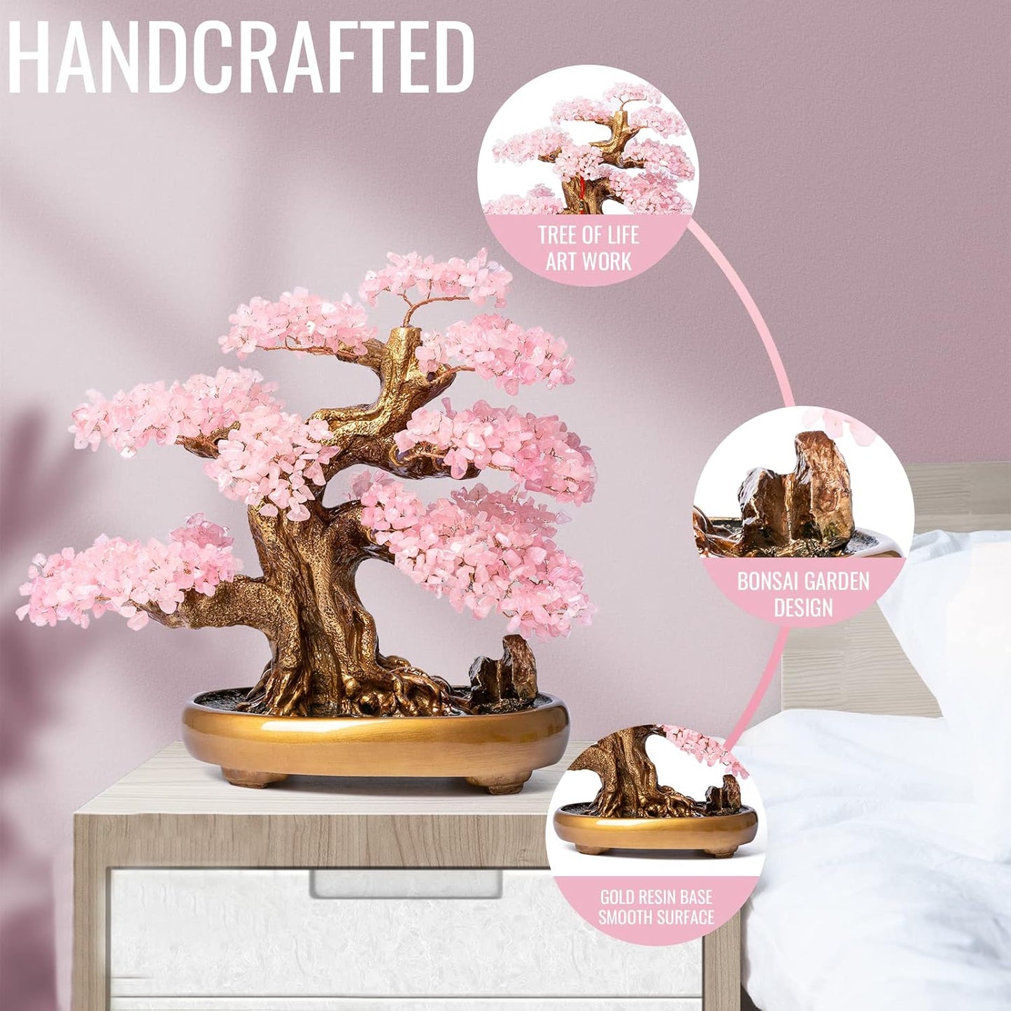 Natural Rose Quartz Gemstone Crystal Bonsai Tree of Life Large Feng Shui Money Chakra Tree for Luck and Wealth Decoration(1,251 Gem Count)