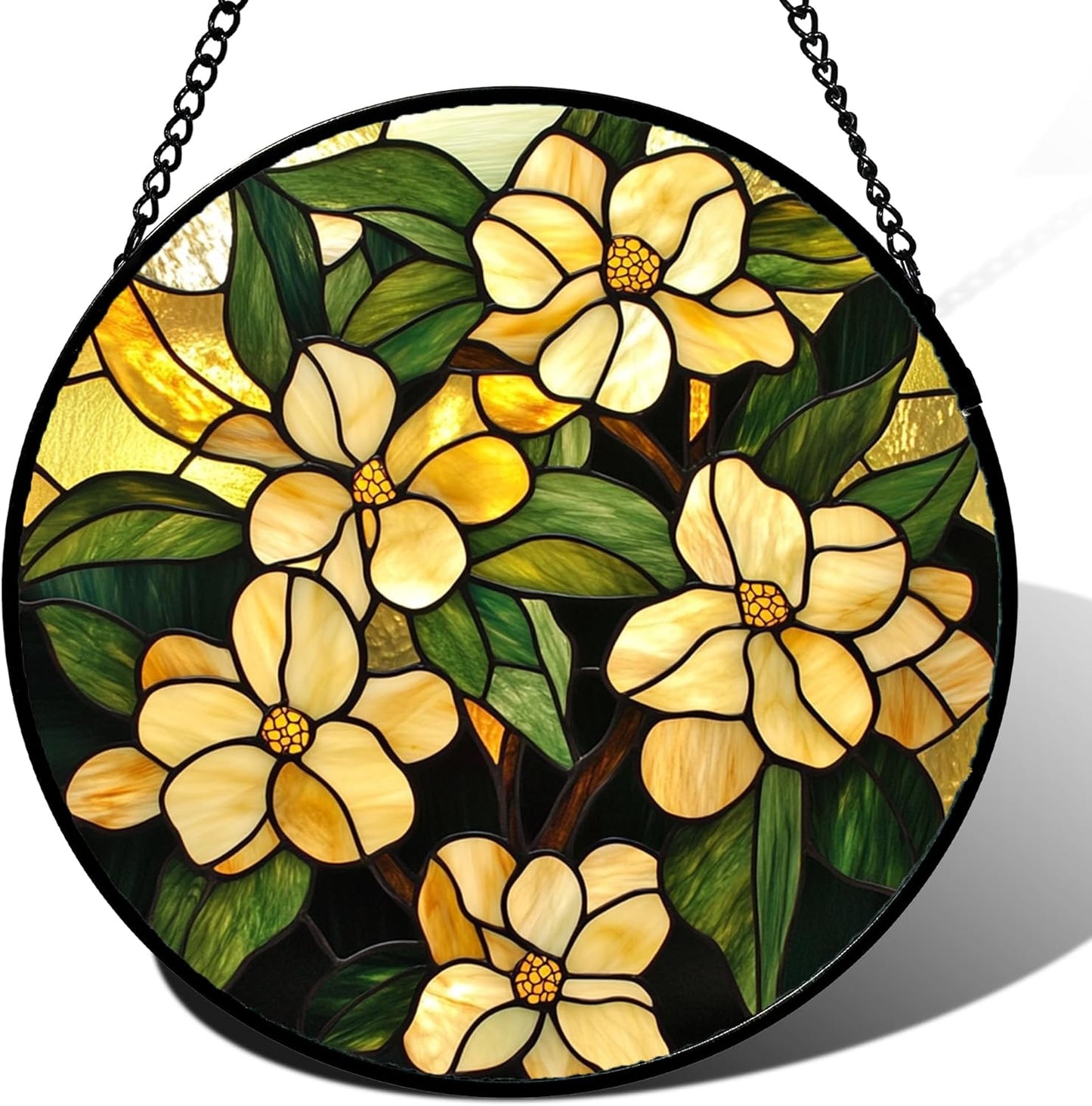 Stained Glass Window Hanging - Yellow Flower Green Leaf Suncatcher for Doors Garden Patio Fall Decor Sun Catchers Christmas Mother's Day Birthday Gifts for Women Men Mom Nana Friend 15 in