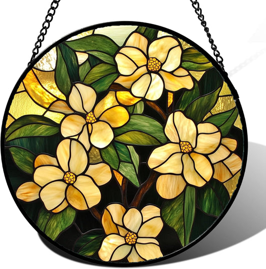 Stained Glass Window Hanging - Yellow Flower Green Leaf Suncatcher for Doors Garden Patio Fall