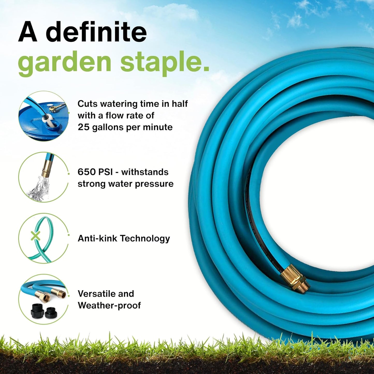 Aeromixer THE HOSE - 1 Inch Garden Hose 50 Ft, Kinkless Commercial Garden Hoses, Heavy Duty Industrial Water Hoses for Outdoors, 650 PSI High-Pressure Watering Tool for Farming and Gardening