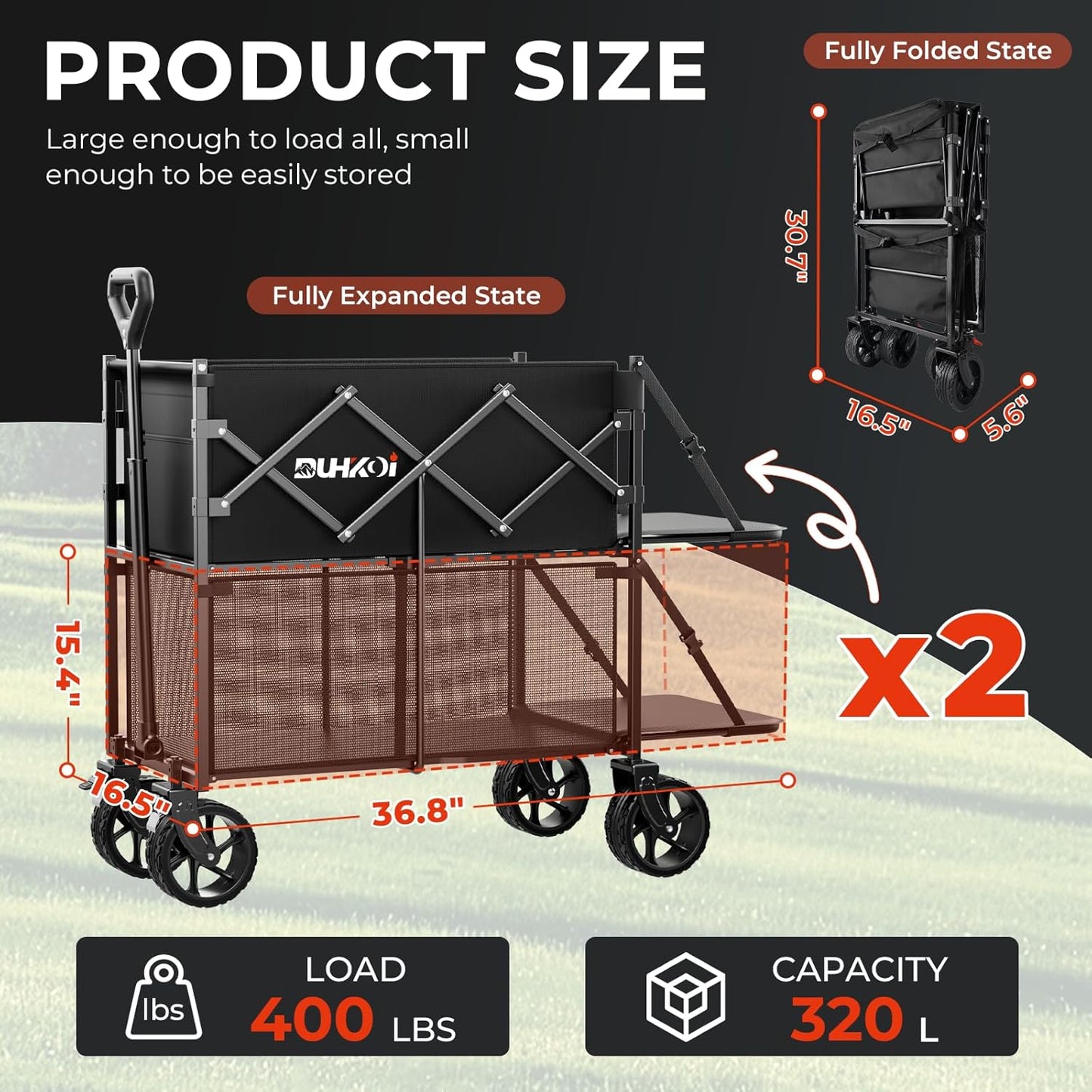 Double Decker Wagon 320L Large Capacity 400LBS Collapsible Sports Utility Cart with Big Wheels,Double Extended Tailgate Heavy Duty Folding Wagon Cart for Groceries,Camping,Outdoor