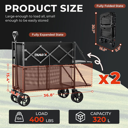 Double Decker Wagon 320L Large Capacity 400LBS Collapsible Sports Utility Cart with Big Wheels,Double Extended Tailgate Heavy Duty Folding Wagon Cart for Groceries,Camping,Outdoor