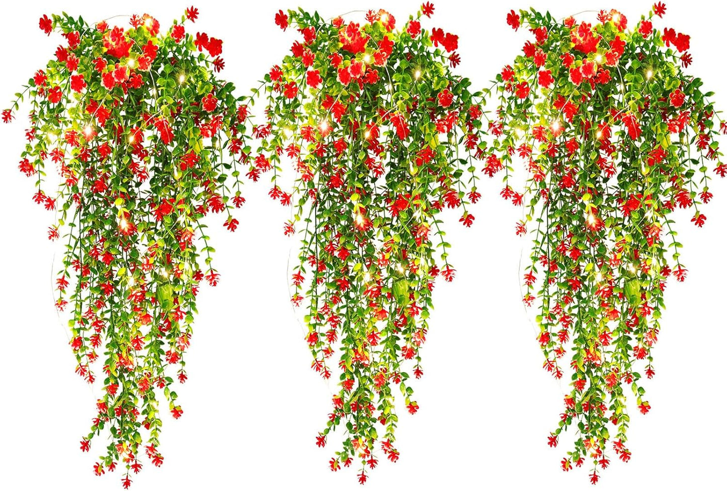 Vine Plant Fake Ferns Plants Large Faux Artificial Hanging Plants Wall Plants Artificial Hanging Plants Outdoors Fake Hanging Plant Greenery Vine with Lights for Outdoor Plants Decor 3 Pcs(Red)