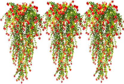 Vine Plant Fake Ferns Plants Large Faux Artificial Hanging Plants Wall Plants Artificial Hanging Plants Outdoors Fake Hanging Plant Greenery Vine with Lights for Outdoor Plants Decor 3 Pcs(Red)