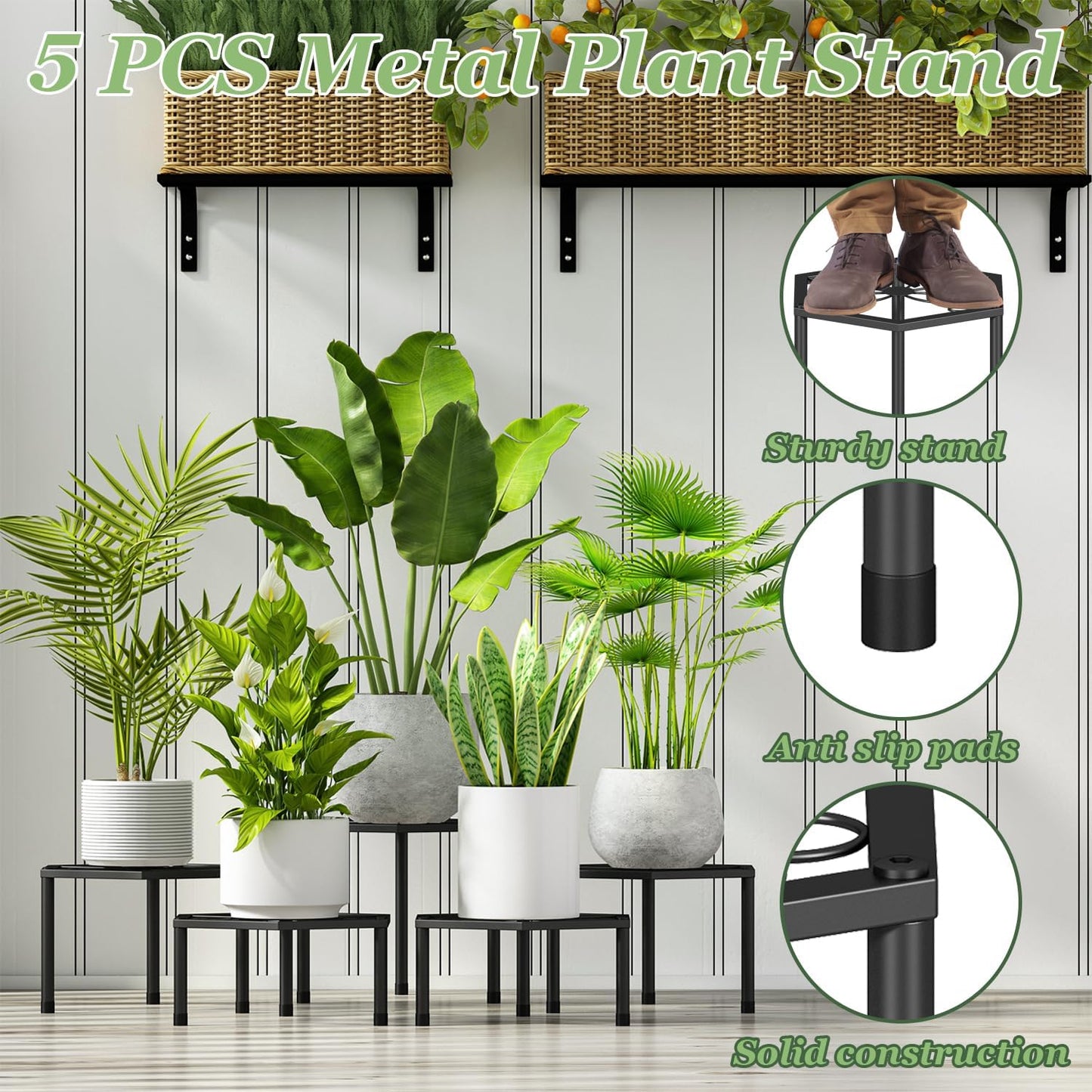 5-Pack Metal Plant Stands, Anti-Rust Iron Flower Pot Stand Heavy Duty Plant Pot Shelf for Multiple Plant Decoration Racks for Home Patio Garden Outdoor Indoor