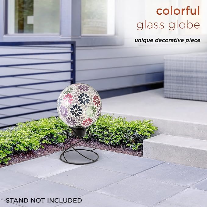 Alpine Corporation 10" Diameter Indoor/Outdoor Glass Mosaic Gazing Globe Yard Decoration, Colorful Daisy Design