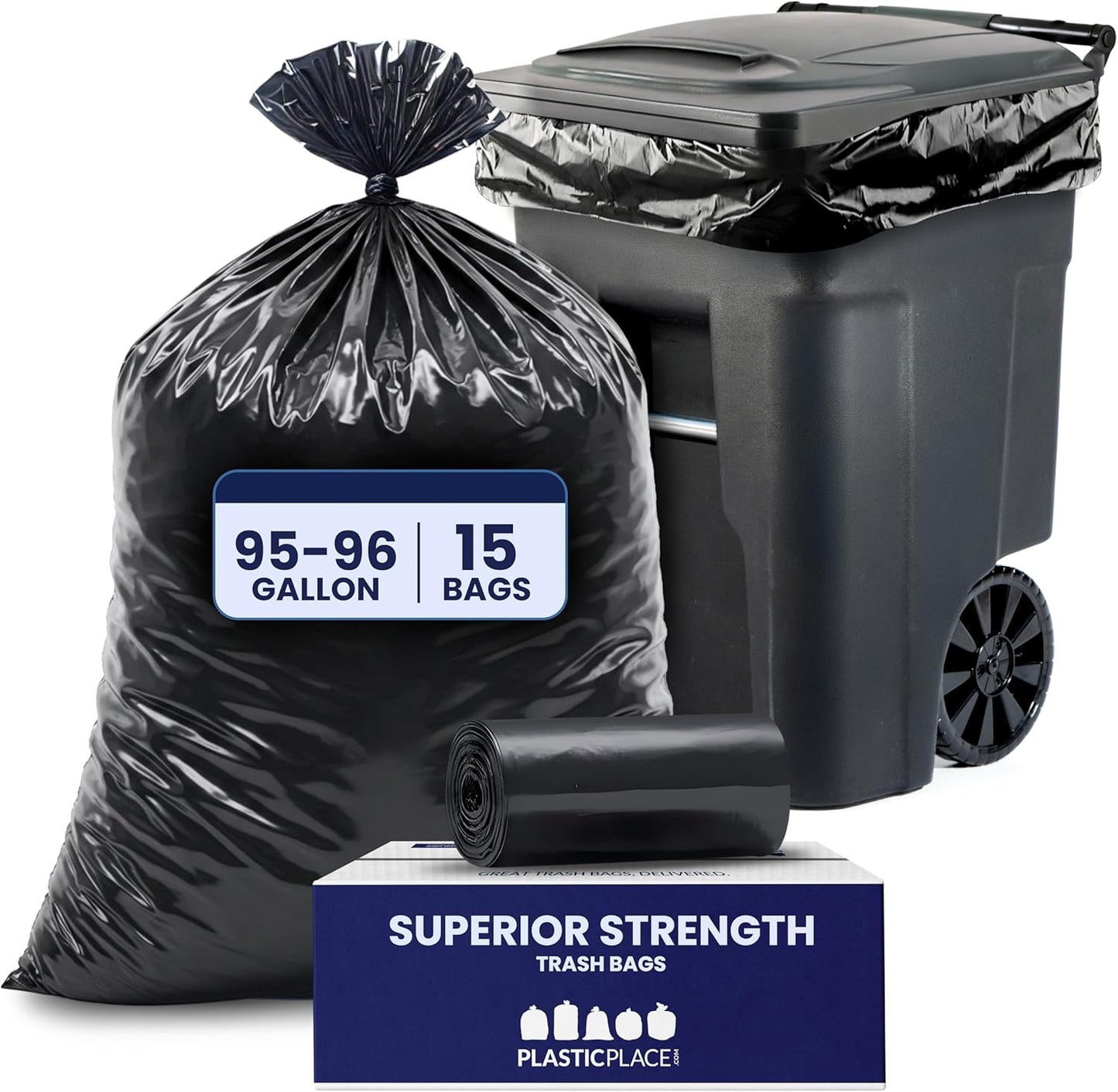 Plasticplace 95-96 Gallon Heavy Duty Black Trash Bags - Contractor Grade, Extra Large Garbage Bags for Construction & Outdoor Trash Cans, 1.2 Mil Thick, 61” x 68” (15 Count Roll)