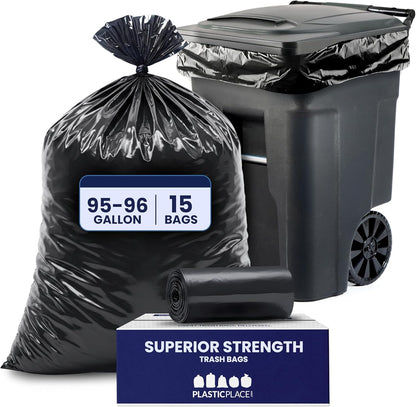 Plasticplace 95-96 Gallon Heavy Duty Black Trash Bags - Contractor Grade, Extra Large Garbage Bags for Construction & Outdoor Trash Cans, 1.2 Mil Thick, 61” x 68” (15 Count Roll)