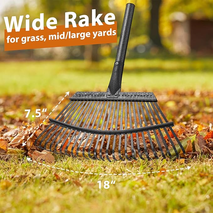 Rake, 65 Inch Long Garden Rake, 25 Tines 18 Inch Wide Heavy Duty Metal Leaf Rakes for Leaves Shrub, Yard Thatching Rakes with Adjustable Long Handle for Wees,Debris, Leaves,Grass