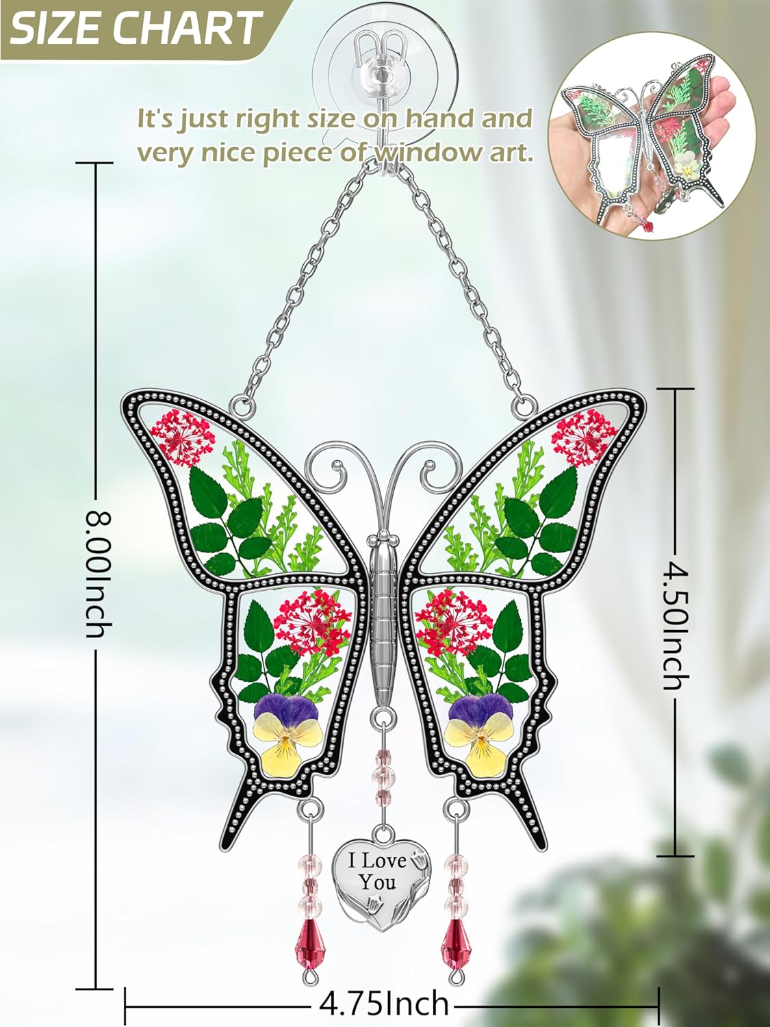 KY&BOSAM Gifts for Mom I Love You Butterfly Suncatcher with Pressed Flower Wings Mom Mother's Day Butterfly Stained Glass for Window Hanging Wind Chime Ornament Gifts for Morthers Day Birthday