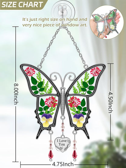 KY&BOSAM Gifts for Mom I Love You Butterfly Suncatcher with Pressed Flower Wings Mom Mother's Day Butterfly Stained Glass for Window Hanging Wind Chime Ornament Gifts for Morthers Day Birthday