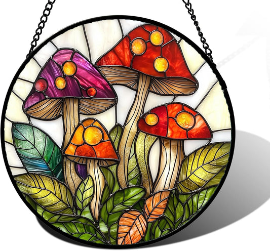 Stained Glass Window Hanging, Mushroom Leaves Suncatcher for Doors Home Sun Catchers Decoration and