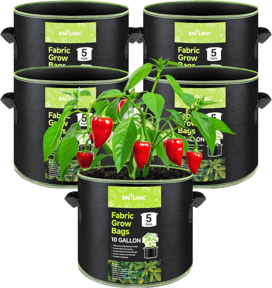 BN-LINK 5-Pack 10 Gallon Grow Bags, Heavy Duty Aeration Fabric Pots with Handles, Thickened Nonwoven Plant Bags for Vegetables, Flowers, Fruits