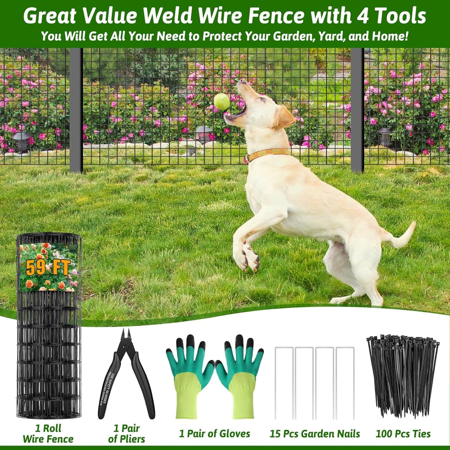 Welded Wire Fencing 59ft×24in, Black PVC Coated Wire Mesh Garden Fence Vinyl Metal Wire Mesh Wire Fence Rolls for Making Yard Fence Plant Protector Dog Poultry Netting(14Ga, 2.3in X 2.3in)