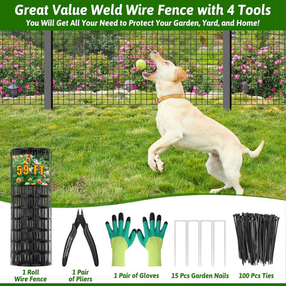 Welded Wire Fencing 59ft×24in, Black PVC Coated Wire Mesh Garden Fence Vinyl Metal Wire Mesh Wire Fence Rolls for Making Yard Fence Plant Protector Dog Poultry Netting(14Ga, 2.3in X 2.3in)