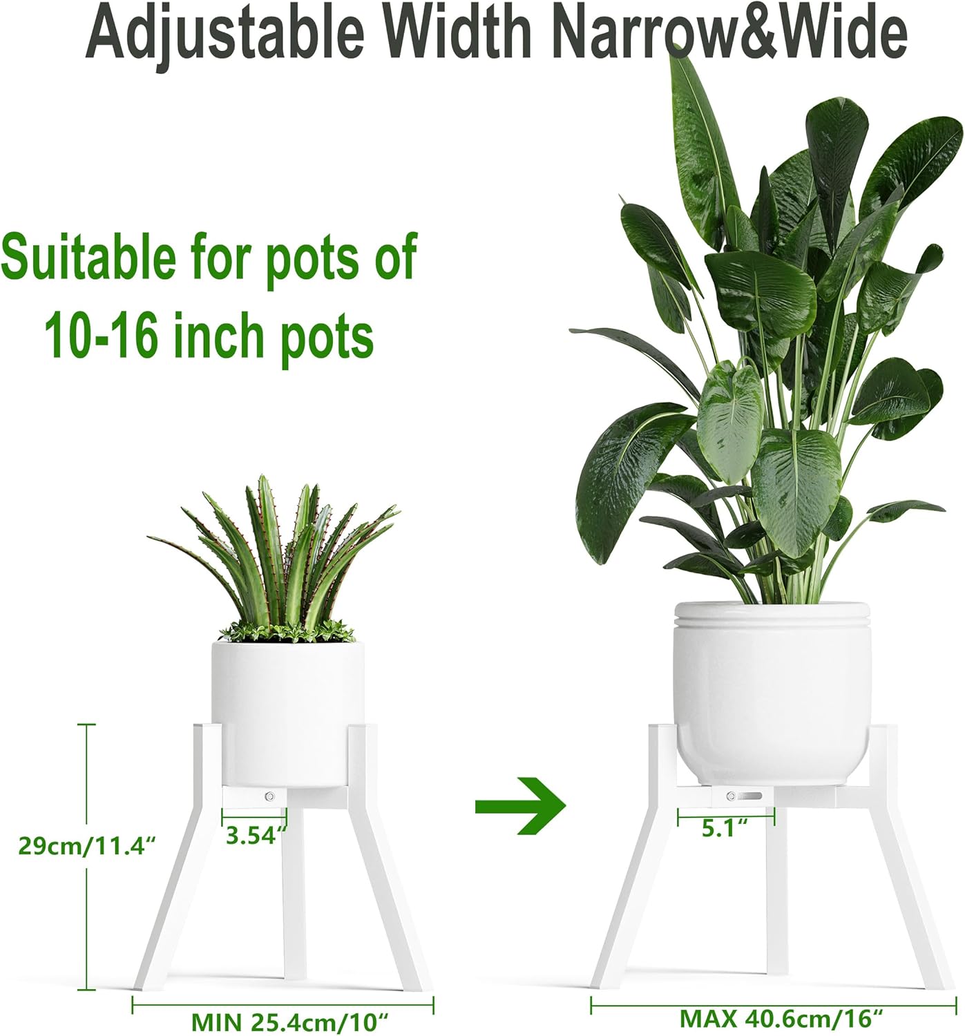 Adjustable Plant Stands Set of 2, Metal Modern Small Plant Holder, Heavy Duty Stable Flower Holder Stand Rack for 10-16 Inch Indoor Outdoor Corner Living Room Balcony Office White PS-007WH-2