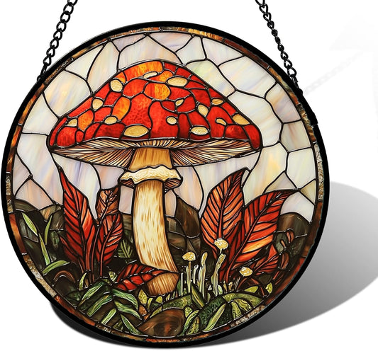 Stained Glass Window Hanging, Big Red Mushroom Suncatcher for Doors Home Sun Catchers Decoration