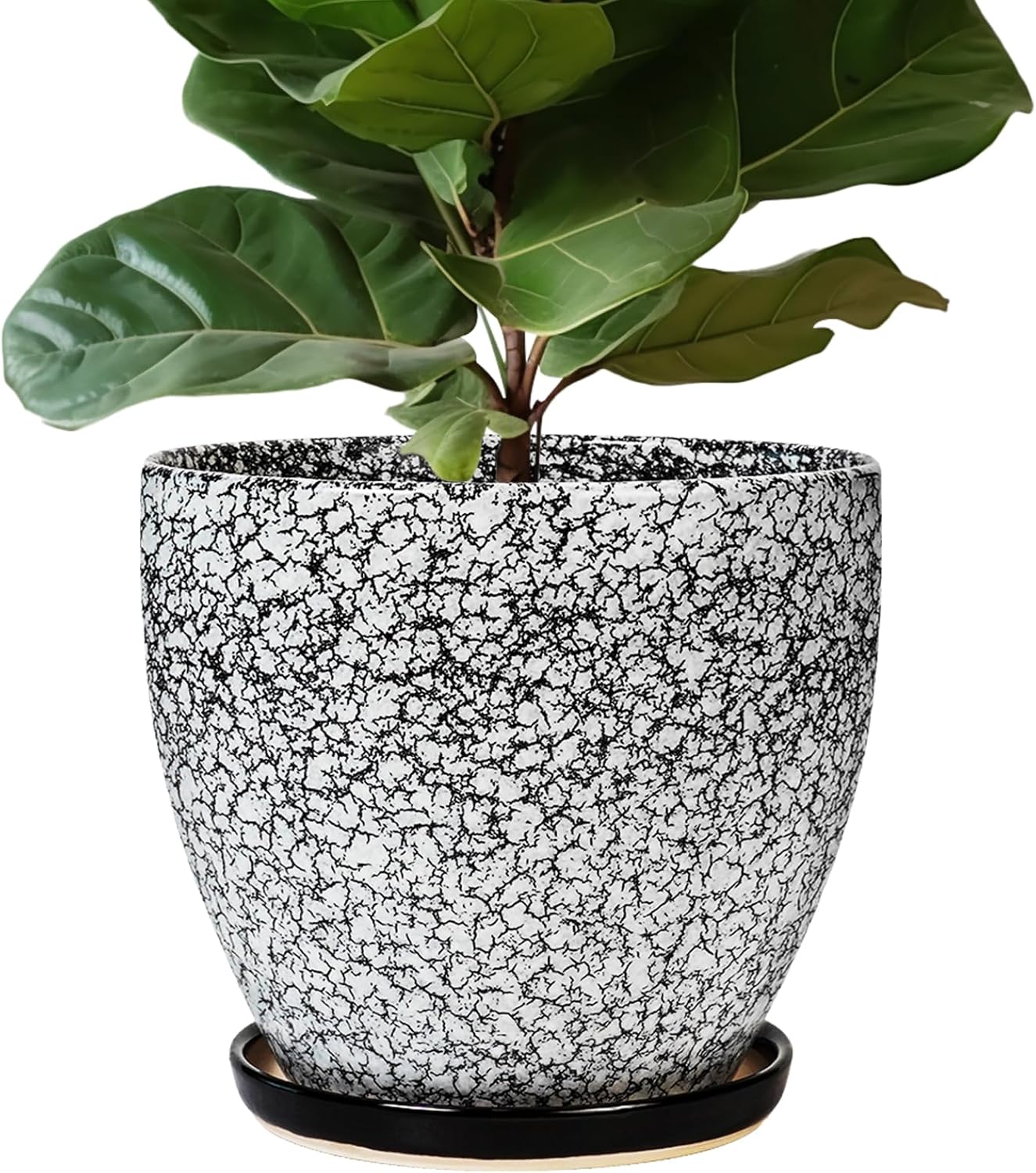 10 Inch Plant Pot - Ceramic Planter for Indoor Outdoor, Round Large Plant Pots, Modern Planter with Drainage Hole and Tray, Home Room Office Garden Decor, Gifts for Women Men, White-Black