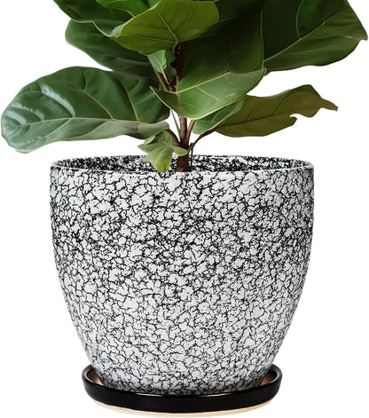 10 Inch Plant Pot - Ceramic Planter for Indoor Outdoor, Round Large Plant Pots, Modern Planter with Drainage Hole and Tray, Home Room Office Garden Decor, Gifts for Women Men, White-Black