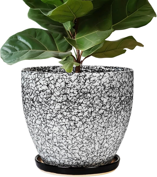 10 Inch Plant Pot - Ceramic Planter for Indoor Outdoor, Round Large Plant Pots, Modern Planter with Drainage Hole and Tray, Home Room Office Garden Decor, Gifts for Women Men, White-Black