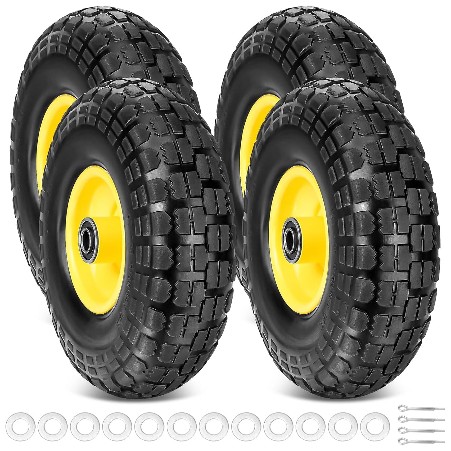 TICONN 10" Solid Tires, 4 Pack Flat Free 4.10/3.50-4'' Wheels with 5/8” Axle Bore Hole and Double Sealed Bearings (Yellow, 4PK)