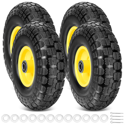 TICONN 10" Solid Tires, 4 Pack Flat Free 4.10/3.50-4'' Wheels with 5/8” Axle Bore Hole and Double Sealed Bearings (Yellow, 4PK)