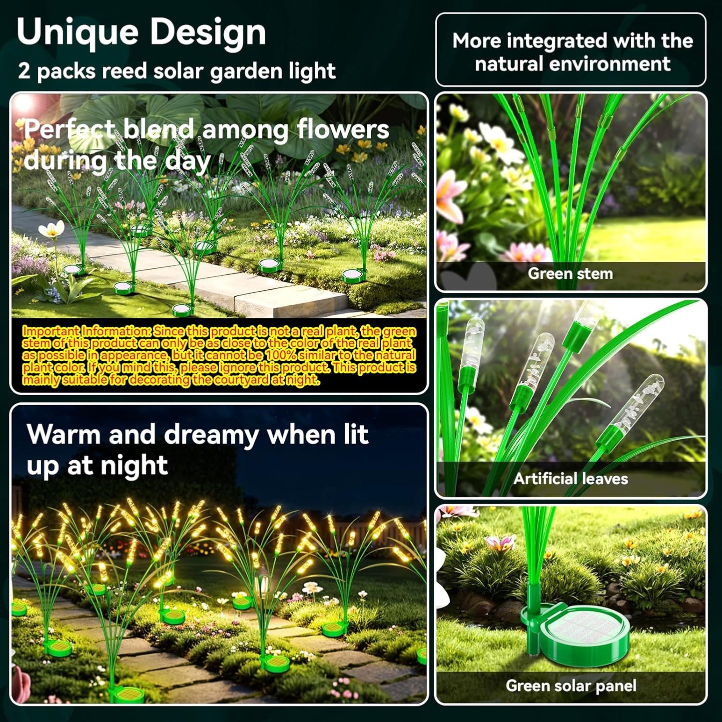 6 Packs Reeds Solar Garden Light, 30 Inch Garden Solar Light with 36 Bulbs, Intelligent Light Control System, IP65 Waterproof, Outdoor Solar Light for Decorating Yard, Pathway(Warm Color)