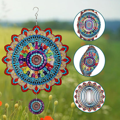 TUOKING Mandala Wind Spinners Outdoor Metal 3D Hanging Art Wind Spinner 12 Inch Stainless Steel for Yard and Garden Decoration Worth Gift for Women