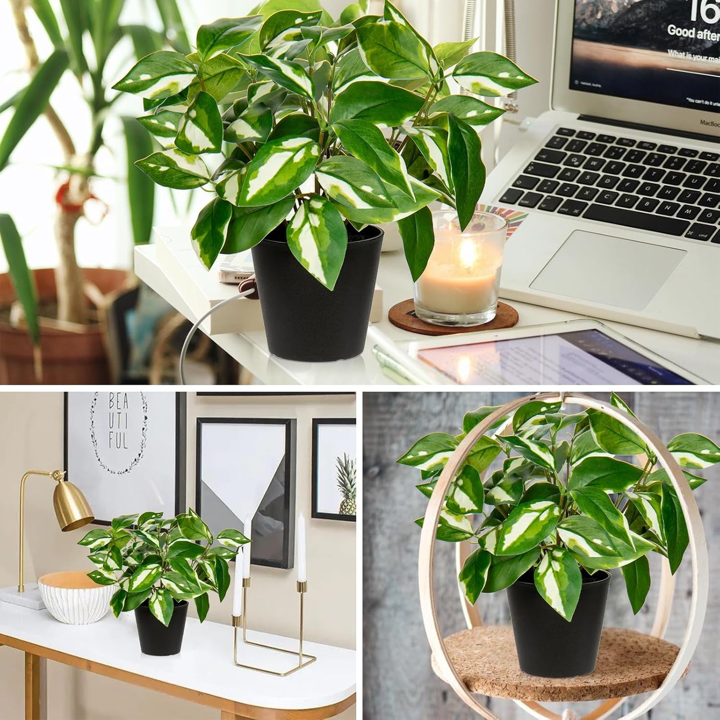 Artificial Plants Indoor Small Fake Plants in Pots Faux Pothos N‘ Joy Potted Plant Fake Indoor Plants with Black Pots for Bathroom Living Room Office Desk Shelves