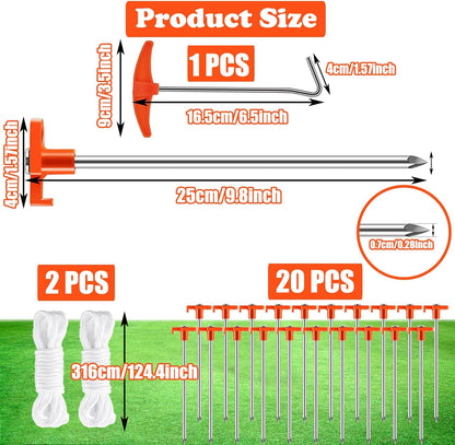 smillixin 23 Pack Tent Stakes Heavy Duty,10 Inch Non-Rust Metal Tent Pegs Camping Stakes,Ground Stakes Tent Spikes for Camping,Garden,Hiking,Grassland,with 1 Pcs Hooked Head & 2 Pcs 10FT Ropes