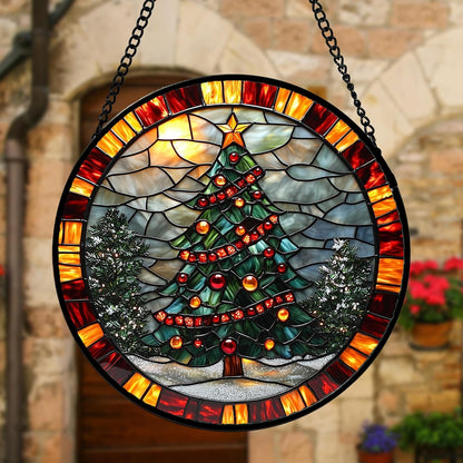 Stained Glass Window Hanging - Winter Christmas Tree Suncatcher Ready to Hang Window Doors Home Decoration, Christmas, Mother's Day Birthday Gifts for Women, Men, and Mom 6.3x6.3 in