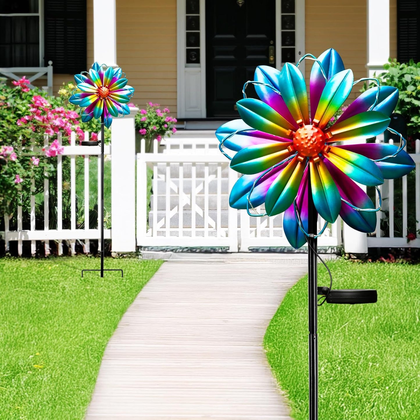 Flower Solar Wind Spinners - 61'' Metal Colorful Spinning Windmill Garden Ligths with LED Outdoor Decorative Stake Lighting Waterproof Flower Sculpture for Patio Yard