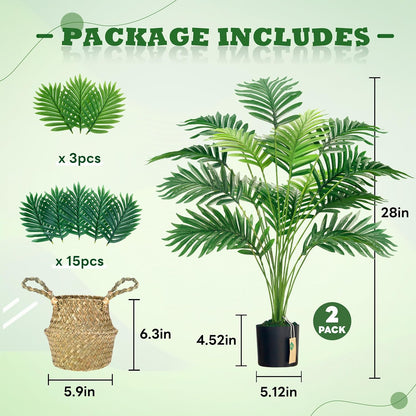 Der Rose 2Pcs Fake Palm Tree 28Inch Large Fake Potted Faux Areca Palm Plant with Hand-Woven Baskets with Handles for Indoor Outdoor Home Office Porch Balcony Bedroom Decor