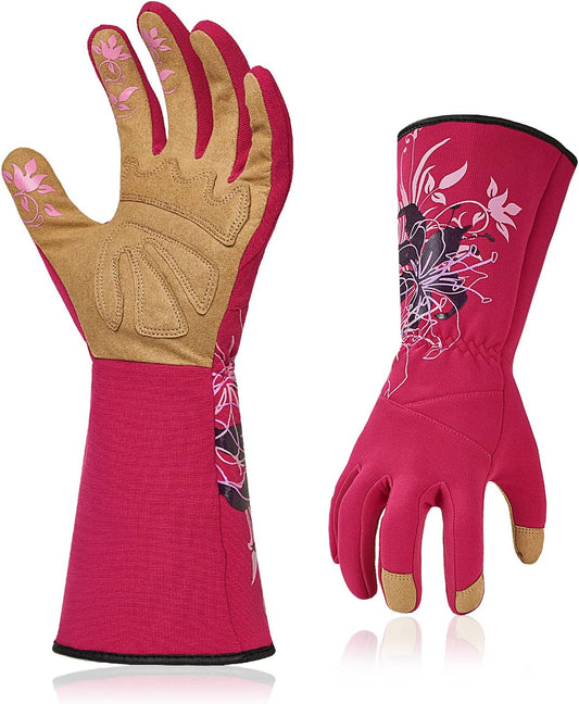 Vgo 1-Pair Ladies' Synthetic Leather Gardening Gloves, Long Sleeves Gauntlet, Breathable & Grip Work Gloves, High Dexterity, Washable (Size L, Red, SL7445)