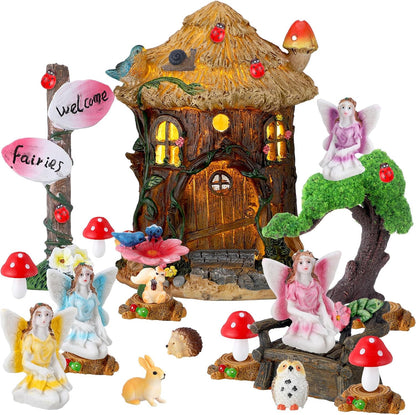 Leyndo 28 Pcs Solar House Garden Accessories Fairy Light up Fairy Figures Garden Kit Resin Miniature Mushroom House Figures Micro Landscape Ornaments(Retro)