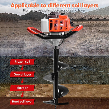 72CC Post Hole Digger, 2 Stroke Auger Post Hole Digger Gas Powered with 2 Augers Drill Bits 6" 8"+1 Extension Rod 31.5", Earth Auger Fit for Farm,Garden