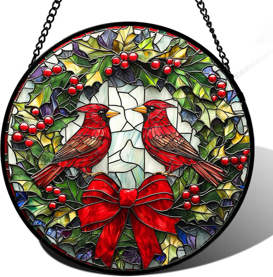 Stained Glass Window Hanging - Cardinals Green Wreath Suncatcher for Doors Home Christmas