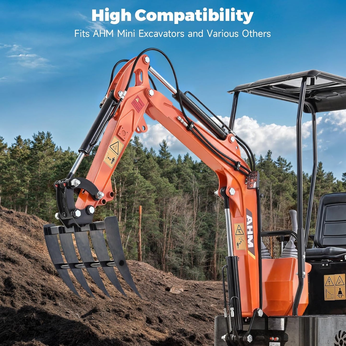 AHM 19" Mini Excavator Rake, 5-Tooth Wide Rake Attachment for Mini Excavators up to 2 Tons, 490 mm Metal Brush Rake with 0.98" (25 mm) Pins for Land Clearing, Debris Removing, Soil Spreading