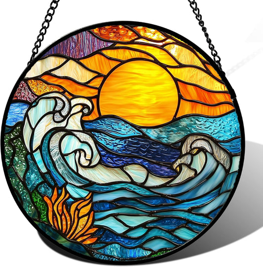 Stained Glass Window Hanging, Orange Sun Blue Sea Waves Landscape Suncatcher for Doors Window Home