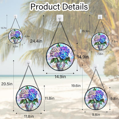 Stained Glass Window Hanging, Blue Purple Hydrangea Flowerpot Suncatcher for Doors Home Sun Catchers Decoration and Christmas, Mother's Day Birthday Gifts for Women, Men, and Mom 9.8 in