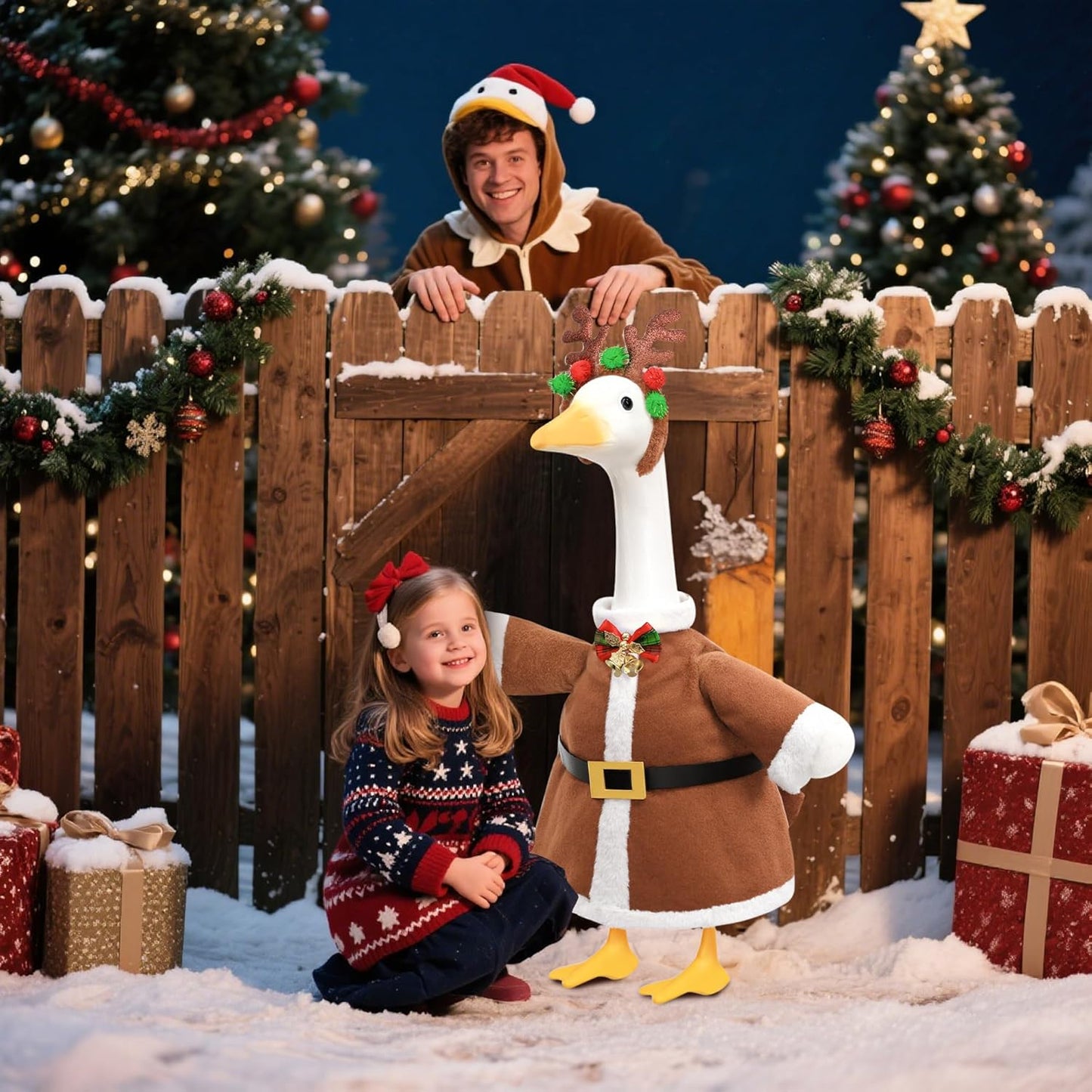 Christmas Porch Goose Outfit for Large 23" High Cement or Plastic Goose Statue, Yard Goose Cloths with Deer Antler Headband, Bell Bow Tie Decor for Outdoor Lawn Gaden Patio