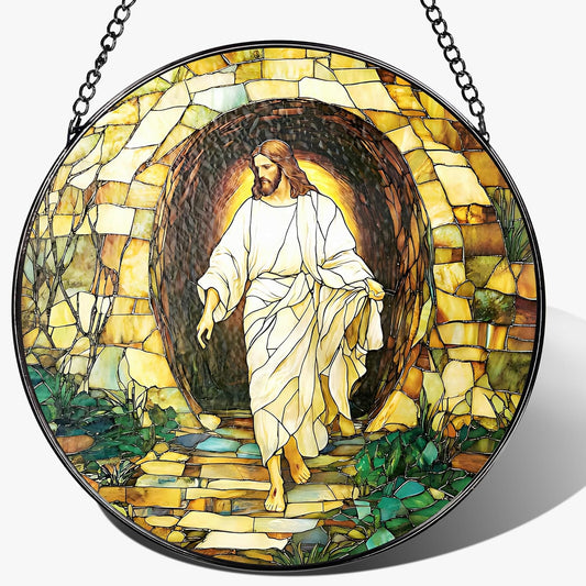 8 Inch He is Risen Resurrection of Jesus Sun Catchers, Stained Glass Window Hanging, Stained Glass